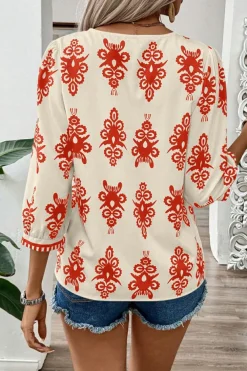 Online Dear-Lover Vintage Geometric Printed 3/4 Sleeve V Neck Blouse Orange