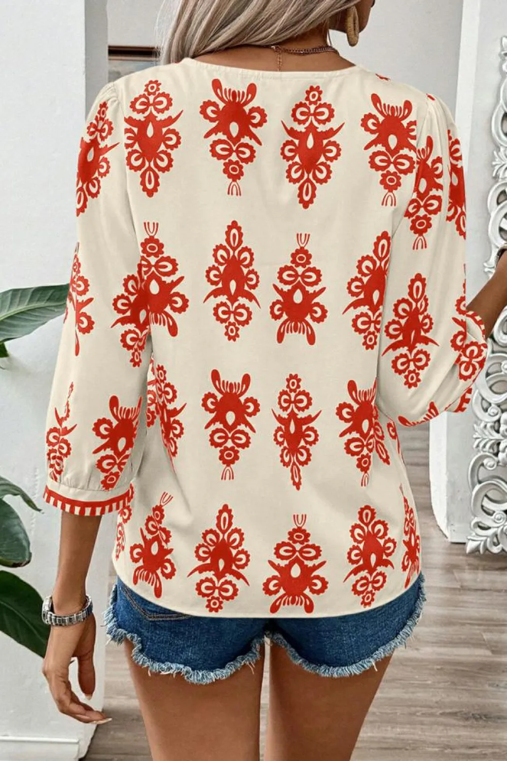 Online Dear-Lover Vintage Geometric Printed 3/4 Sleeve V Neck Blouse Orange