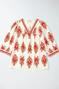 Online Dear-Lover Vintage Geometric Printed 3/4 Sleeve V Neck Blouse Orange