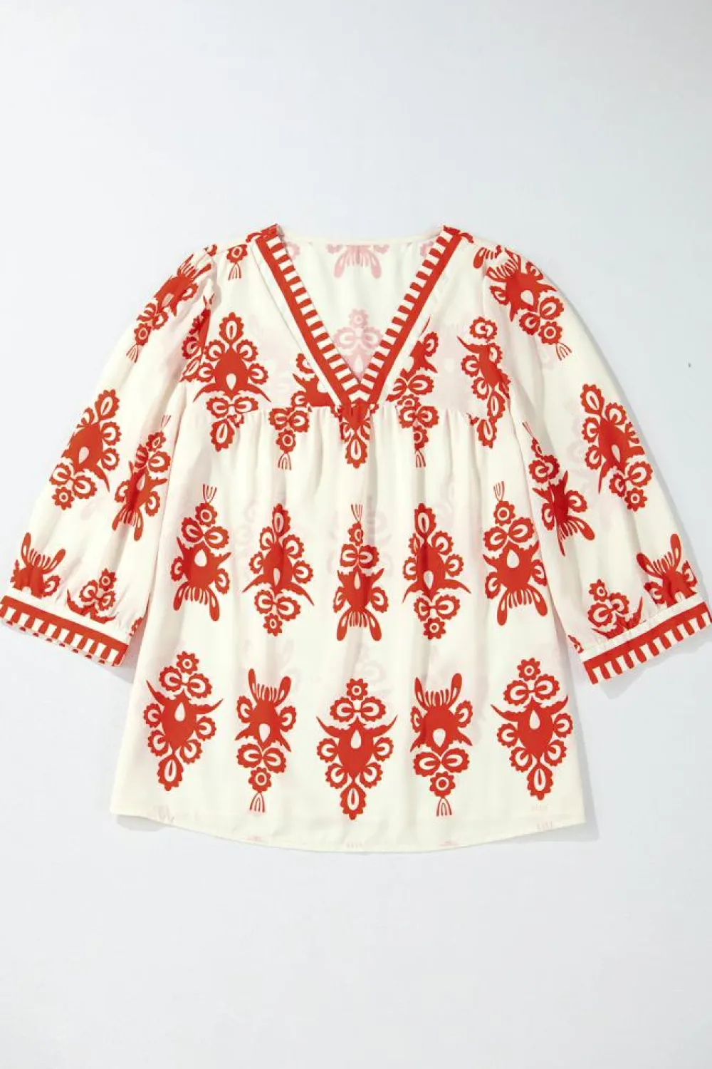 Online Dear-Lover Vintage Geometric Printed 3/4 Sleeve V Neck Blouse Orange