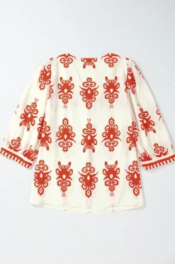 Online Dear-Lover Vintage Geometric Printed 3/4 Sleeve V Neck Blouse Orange