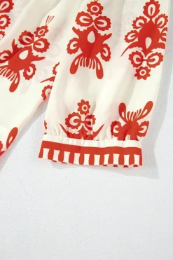 Online Dear-Lover Vintage Geometric Printed 3/4 Sleeve V Neck Blouse Orange