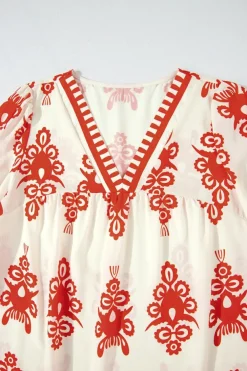 Online Dear-Lover Vintage Geometric Printed 3/4 Sleeve V Neck Blouse Orange