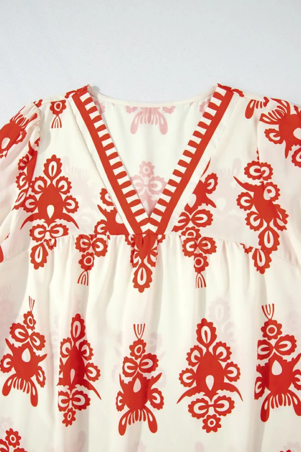 Online Dear-Lover Vintage Geometric Printed 3/4 Sleeve V Neck Blouse Orange