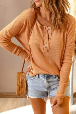Fashion Dear-Lover Waffle Knit Henley Top Orange