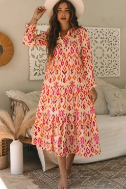 Clearance Dear-Lover Western Abstract Geometric Printed Maxi Dress Orange
