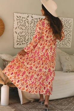 Clearance Dear-Lover Western Abstract Geometric Printed Maxi Dress Orange
