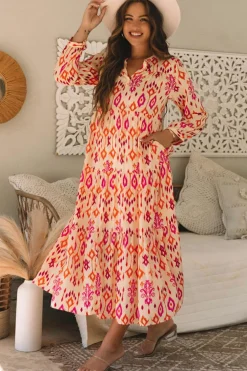 Clearance Dear-Lover Western Abstract Geometric Printed Maxi Dress Orange
