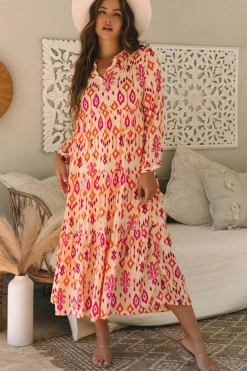 Clearance Dear-Lover Western Abstract Geometric Printed Maxi Dress Orange