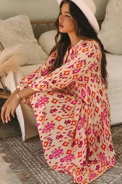 Clearance Dear-Lover Western Abstract Geometric Printed Maxi Dress Orange