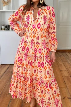 Clearance Dear-Lover Western Abstract Geometric Printed Maxi Dress Orange