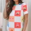 Discount Dear-Lover Western Fashion Checker Print Crewneck T Shirt Orange
