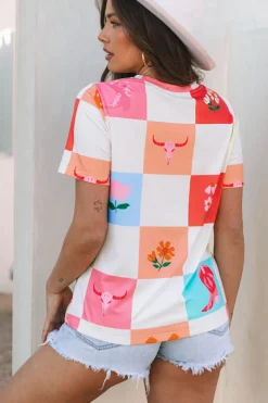 Discount Dear-Lover Western Fashion Checker Print Crewneck T Shirt Orange