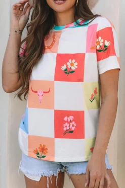 Discount Dear-Lover Western Fashion Checker Print Crewneck T Shirt Orange