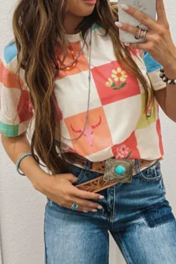 Discount Dear-Lover Western Fashion Checker Print Crewneck T Shirt Orange