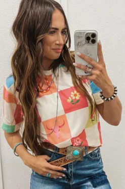 Discount Dear-Lover Western Fashion Checker Print Crewneck T Shirt Orange