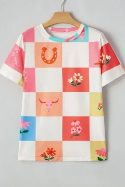 Discount Dear-Lover Western Fashion Checker Print Crewneck T Shirt Orange