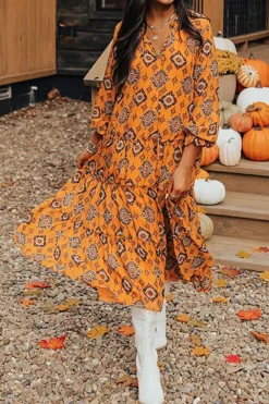 Fashion Dear-Lover Western Geometric Print Tiered Frilled Loose Fit Midi Dress Orange