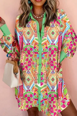 Best Dear-Lover Western Geometric Print Cuffed Shift Shirt Dress Orange