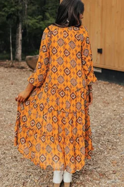 Fashion Dear-Lover Western Geometric Print Tiered Frilled Loose Fit Midi Dress Orange