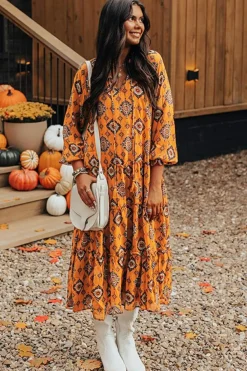 Fashion Dear-Lover Western Geometric Print Tiered Frilled Loose Fit Midi Dress Orange