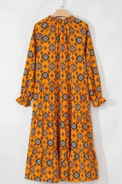 Fashion Dear-Lover Western Geometric Print Tiered Frilled Loose Fit Midi Dress Orange