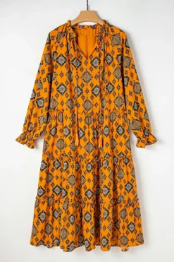 Fashion Dear-Lover Western Geometric Print Tiered Frilled Loose Fit Midi Dress Orange