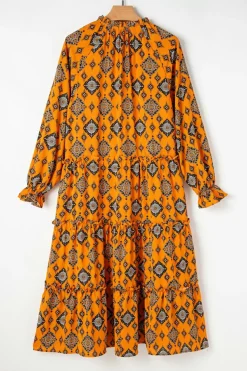 Fashion Dear-Lover Western Geometric Print Tiered Frilled Loose Fit Midi Dress Orange