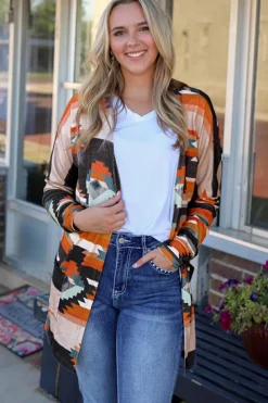 Online Dear-Lover Western Tribal Aztec Print Cardigan Orange