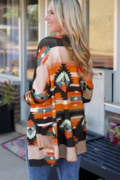 Online Dear-Lover Western Tribal Aztec Print Cardigan Orange