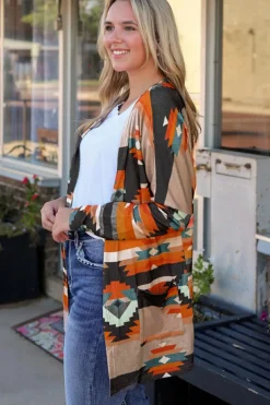 Online Dear-Lover Western Tribal Aztec Print Cardigan Orange