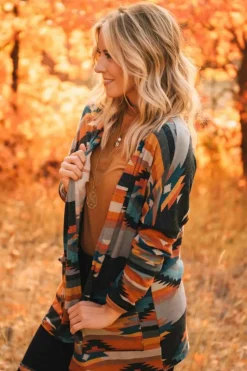 Online Dear-Lover Western Tribal Aztec Print Cardigan Orange