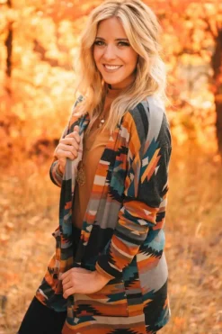 Online Dear-Lover Western Tribal Aztec Print Cardigan Orange