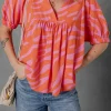 Online Dear-Lover Zebra Stripe Print Ruched Cuff Half Sleeve V Neck Blouse Orange