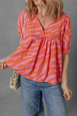 Online Dear-Lover Zebra Stripe Print Ruched Cuff Half Sleeve V Neck Blouse Orange