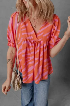 Online Dear-Lover Zebra Stripe Print Ruched Cuff Half Sleeve V Neck Blouse Orange