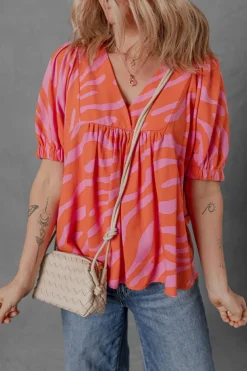 Online Dear-Lover Zebra Stripe Print Ruched Cuff Half Sleeve V Neck Blouse Orange