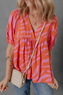 Online Dear-Lover Zebra Stripe Print Ruched Cuff Half Sleeve V Neck Blouse Orange