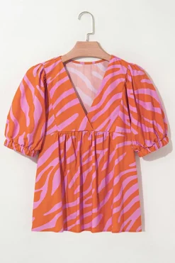 Online Dear-Lover Zebra Stripe Print Ruched Cuff Half Sleeve V Neck Blouse Orange