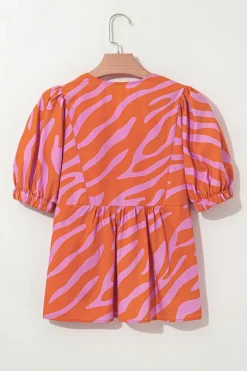 Online Dear-Lover Zebra Stripe Print Ruched Cuff Half Sleeve V Neck Blouse Orange