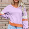 Fashion Dear-Lover Contrast Rib Knit Patchwork Drop Shoulder V Neck Sweatshirt Orchid Bouquet