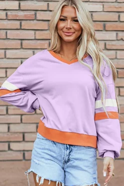 Fashion Dear-Lover Contrast Rib Knit Patchwork Drop Shoulder V Neck Sweatshirt Orchid Bouquet