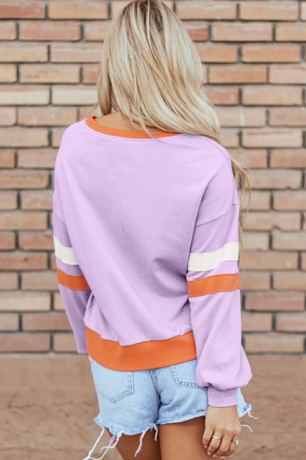 Fashion Dear-Lover Contrast Rib Knit Patchwork Drop Shoulder V Neck Sweatshirt Orchid Bouquet