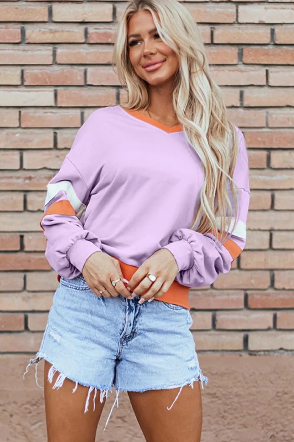 Fashion Dear-Lover Contrast Rib Knit Patchwork Drop Shoulder V Neck Sweatshirt Orchid Bouquet