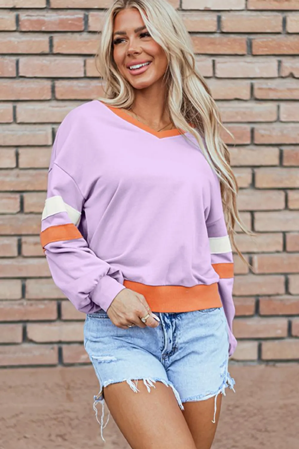 Fashion Dear-Lover Contrast Rib Knit Patchwork Drop Shoulder V Neck Sweatshirt Orchid Bouquet