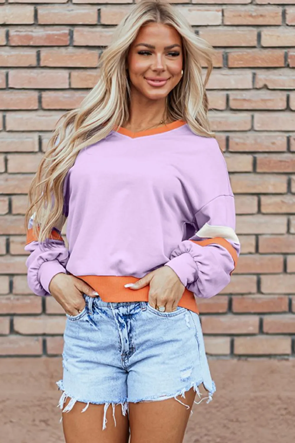 Fashion Dear-Lover Contrast Rib Knit Patchwork Drop Shoulder V Neck Sweatshirt Orchid Bouquet