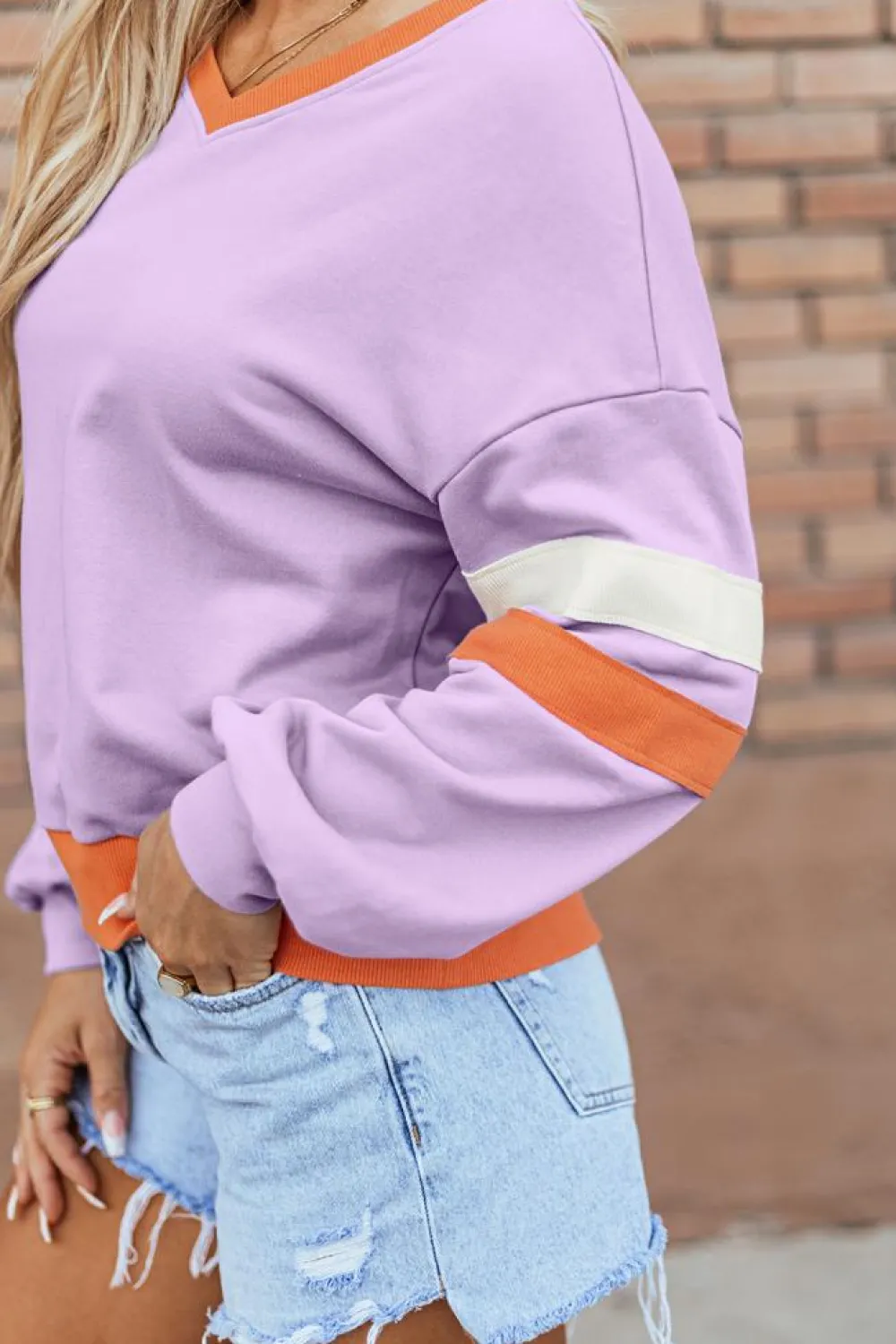 Fashion Dear-Lover Contrast Rib Knit Patchwork Drop Shoulder V Neck Sweatshirt Orchid Bouquet