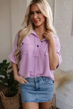 Outlet Dear-Lover Corded Flap Pocket Collared Buttoned Short Sleeve Blouse Orchid Bouquet