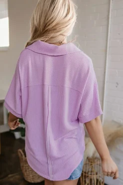 Outlet Dear-Lover Corded Flap Pocket Collared Buttoned Short Sleeve Blouse Orchid Bouquet