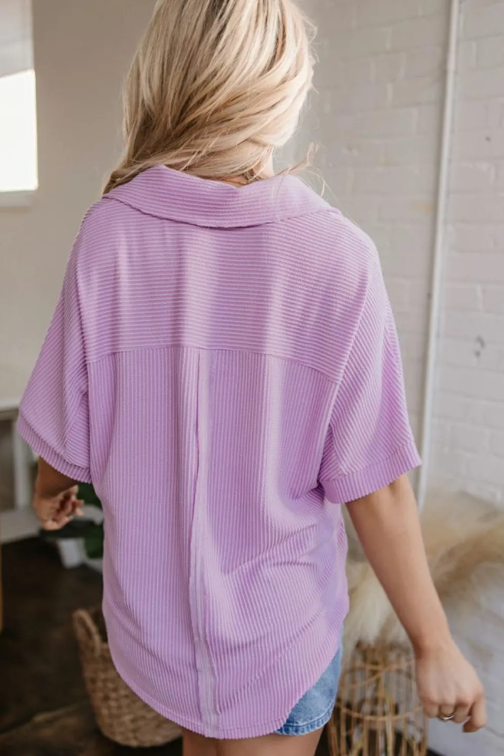 Outlet Dear-Lover Corded Flap Pocket Collared Buttoned Short Sleeve Blouse Orchid Bouquet